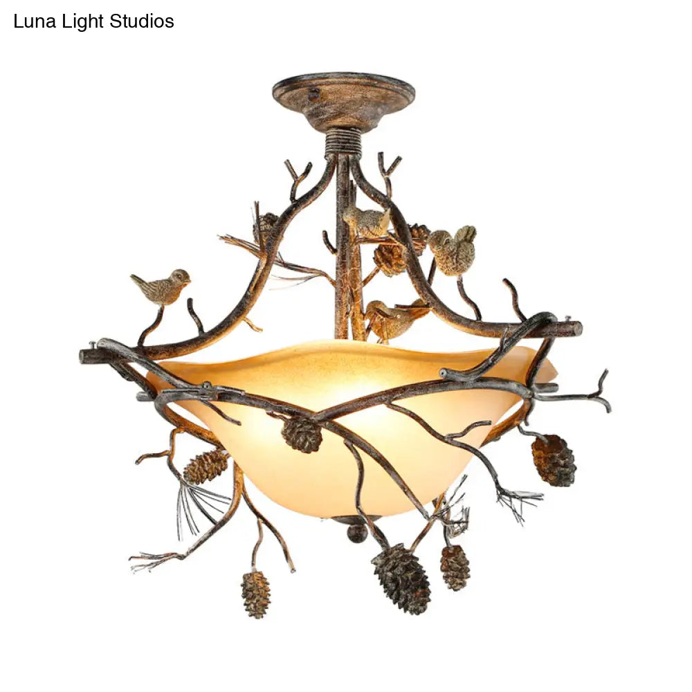 Country Bronze 3 - Light Bowl Semi Flush Mount With Frosted Glass - Ideal For Bedroom Lighting