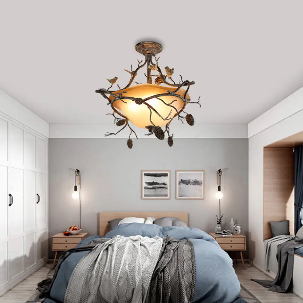 Country Bronze 3 - Light Bowl Semi Flush Mount With Frosted Glass - Ideal For Bedroom Lighting Brown