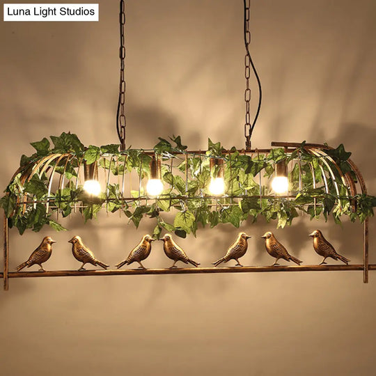 Country Bronze Birdcage Island Light With Bird And Faux Ivy - 4-Bulb Bar Suspension