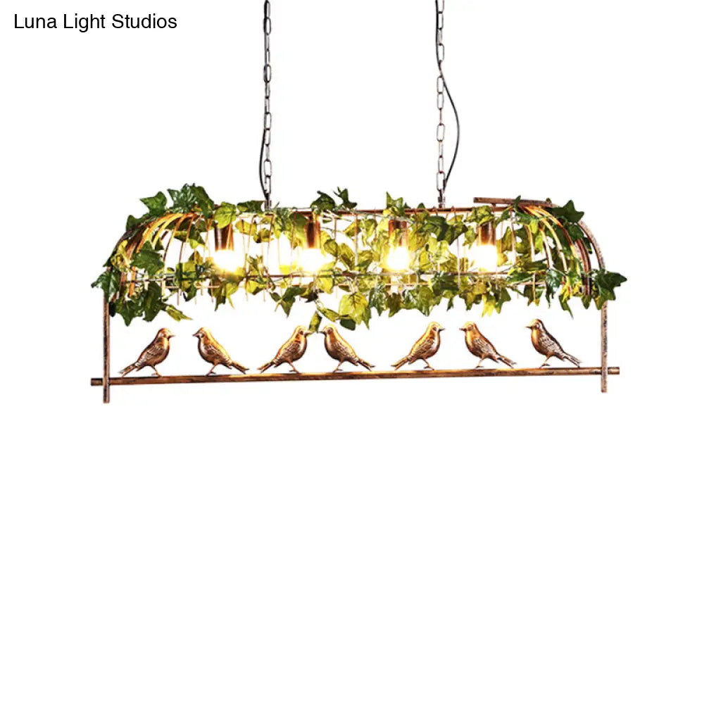 Country Bronze Birdcage Island Light With Bird And Faux Ivy - 4-Bulb Bar Suspension