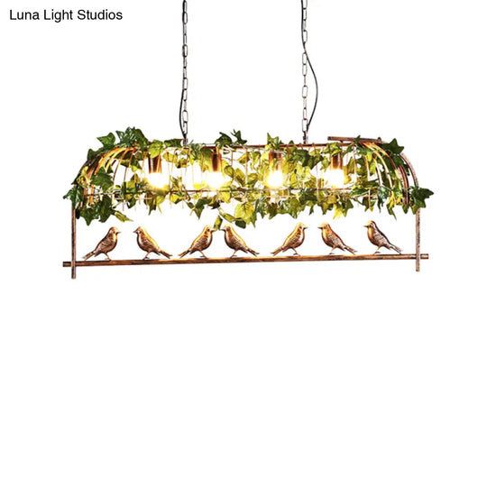 Country Bronze Birdcage Island Light With Bird And Faux Ivy - 4-Bulb Bar Suspension