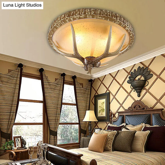 Country Brown Elk Pattern Ceiling Mount Light Fixture For Bedroom