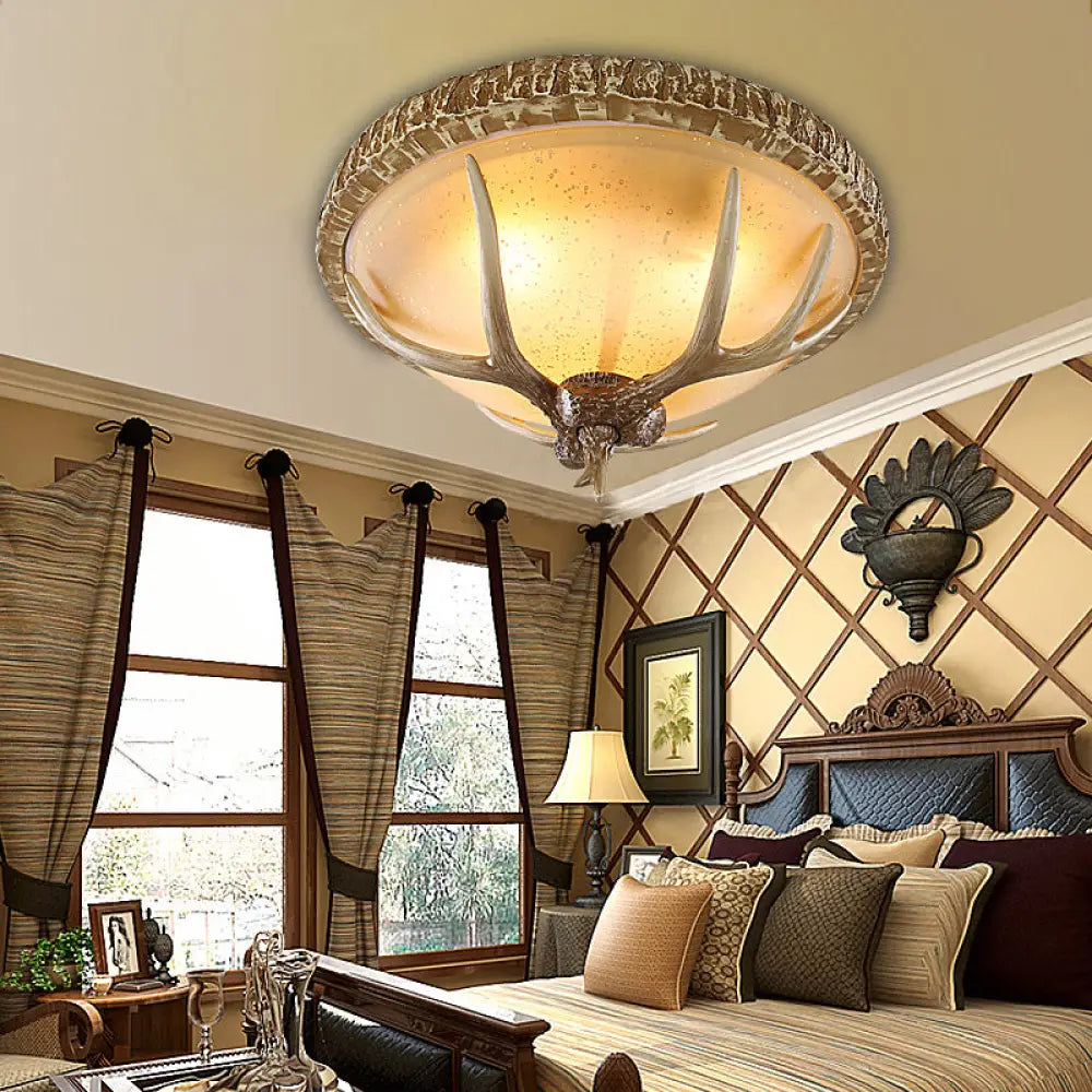 Country Brown Elk Pattern Ceiling Mount Light Fixture For Bedroom