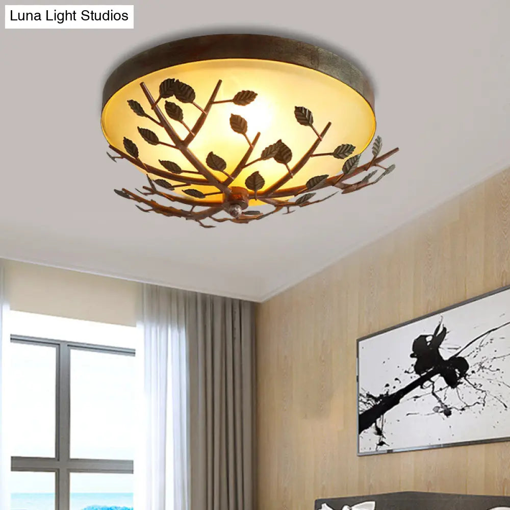 Country Brown Flush Mount Lighting With Dome Frosted Glass Shade - 3-Light Bedroom