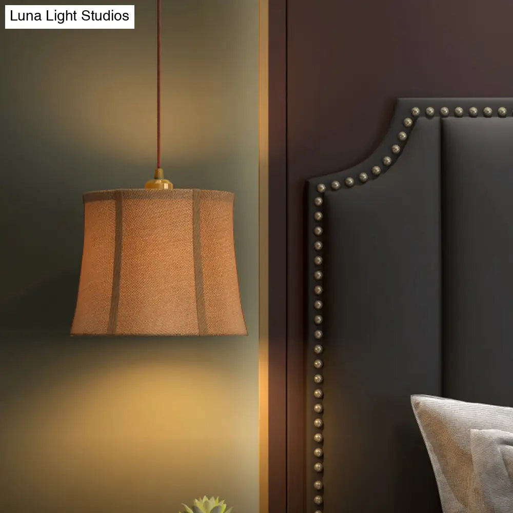 Country Brown Paneled Bell Pendant Light - Bedroom Suspension Lighting With Fabric Shade