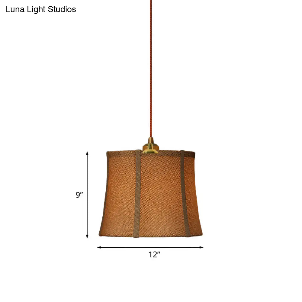 Country Brown Paneled Bell Pendant Light - Bedroom Suspension Lighting With Fabric Shade