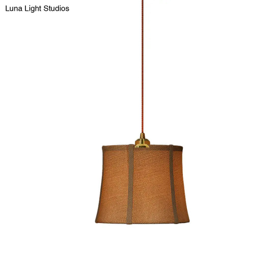 Country Brown Paneled Bell Pendant Light - Bedroom Suspension Lighting With Fabric Shade