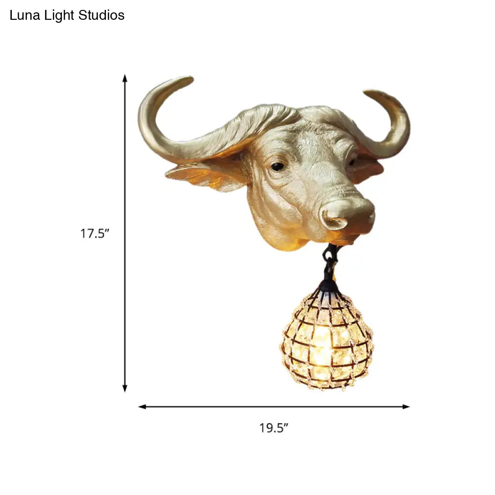 Country Cattle Metal Wall Lamp With Crystal/Glass Shade - Gold Finish