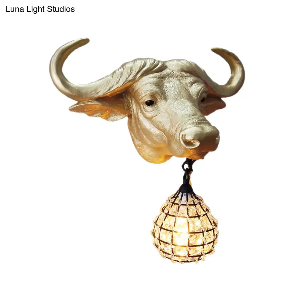 Country Cattle Metal Wall Lamp With Crystal/Glass Shade - Gold Finish