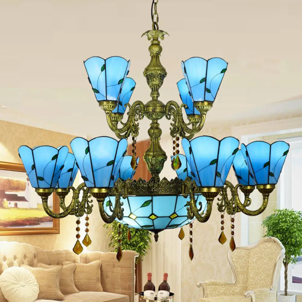 Country Chandelier: Beige/Blue Stained Glass 12 Heads Two-Tiers Pendant Light For Living Room Blue