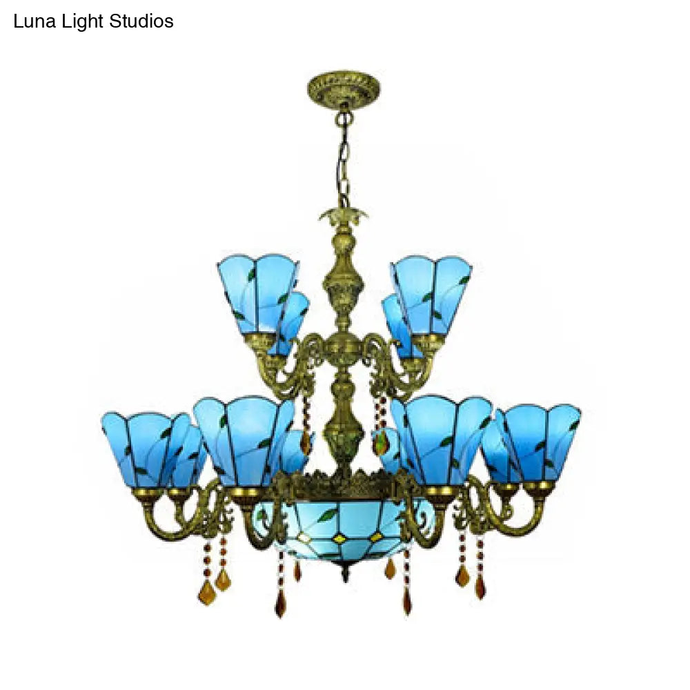 Country Chandelier: Beige/Blue Stained Glass 12 Heads Two-Tiers Pendant Light For Living Room