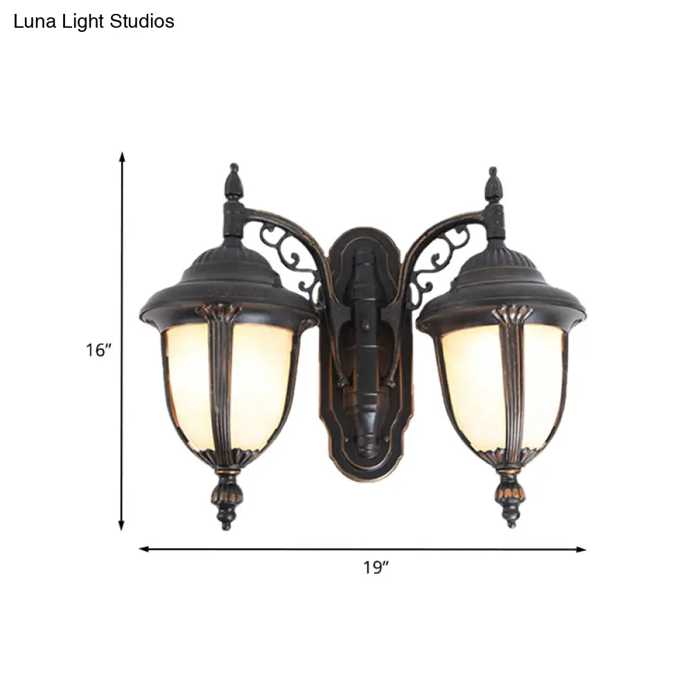 Country Chic Acorn Wall Lamp With Milk Glass And 2 Lights In Black Finish