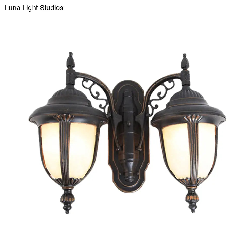 Country Chic Acorn Wall Lamp With Milk Glass And 2 Lights In Black Finish