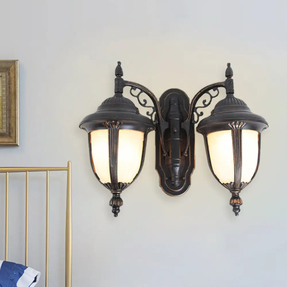 Country Chic Acorn Wall Lamp With Milk Glass And 2 Lights In Black Finish