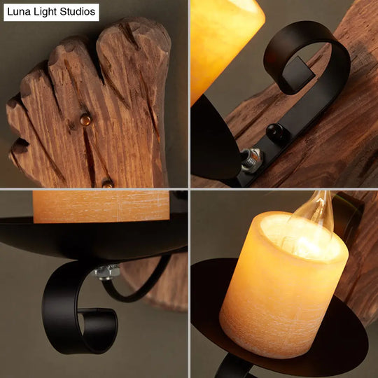 Country Chic Wall Sconce With Marble Candle & Wooden Backplate In Black