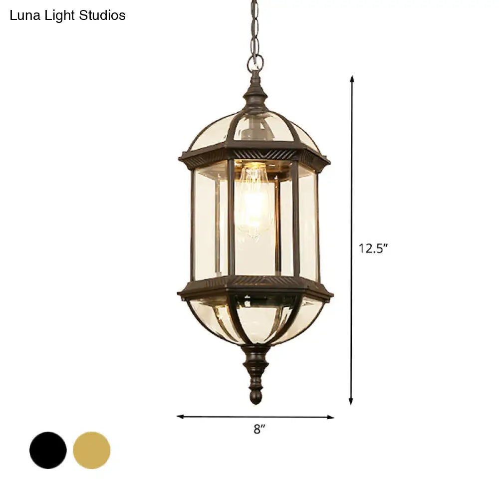 Country Clear Glass Birdcage Pendant Lamp - Black/Gold 1 Light Perfect For Corridors