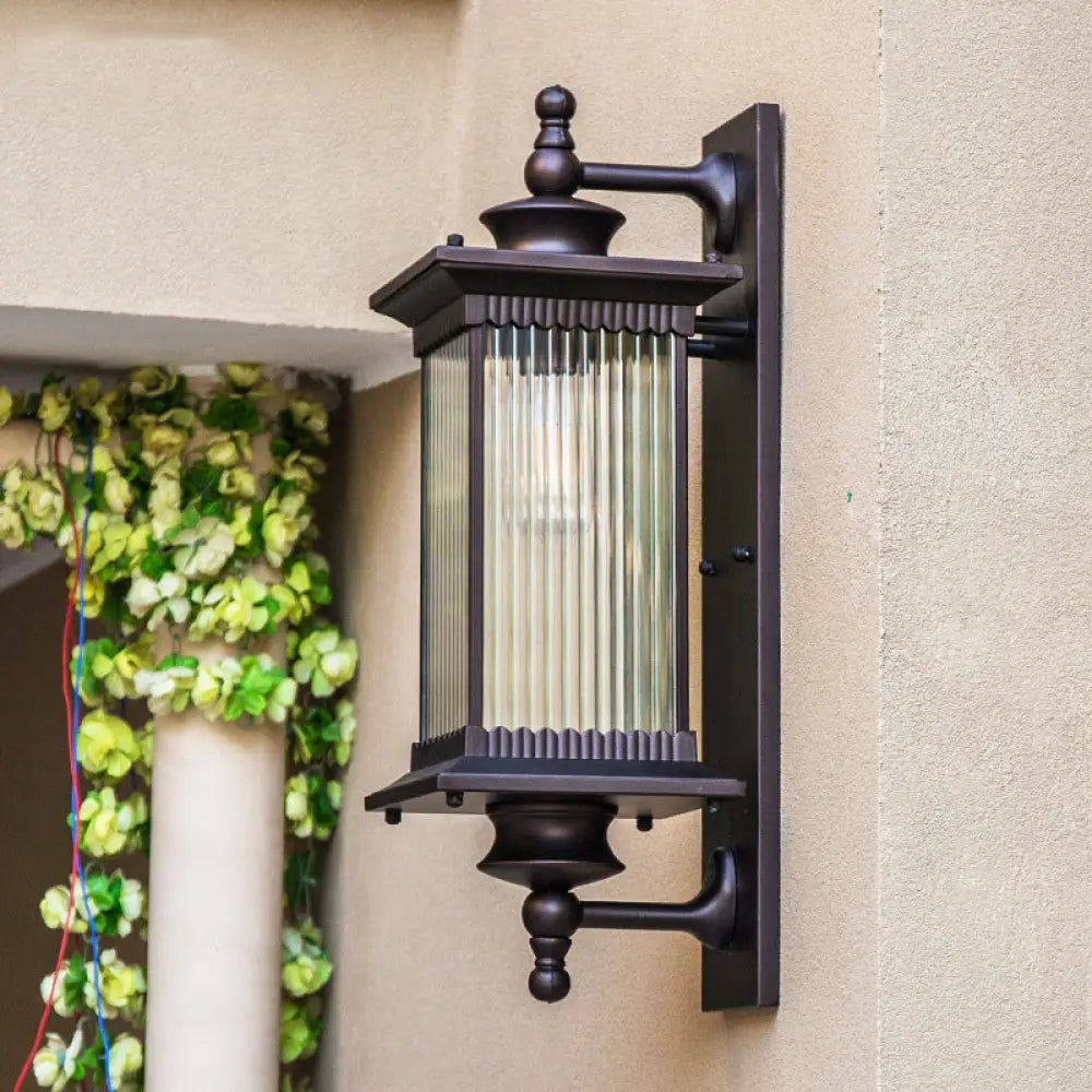 Country Clear Ribbed Glass 1-Head Outdoor Sconce Light For Gates - Black/Bronze/Coffee Wall Lamp