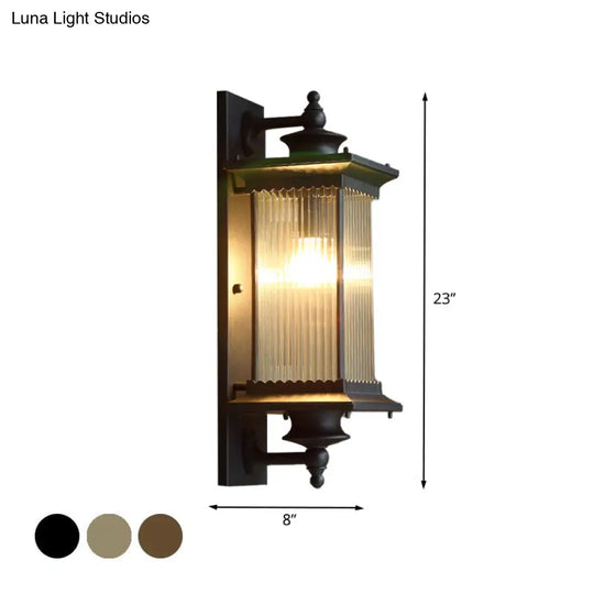 Country Clear Ribbed Glass 1-Head Outdoor Sconce Light For Gates - Black/Bronze/Coffee Wall Lamp