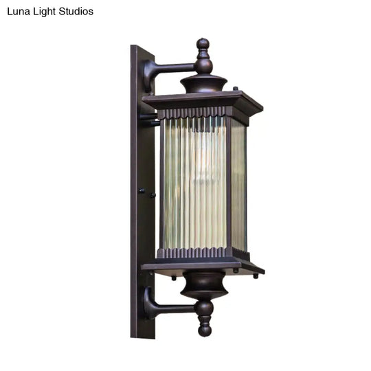 Country Clear Ribbed Glass 1-Head Outdoor Sconce Light For Gates - Black/Bronze/Coffee Wall Lamp