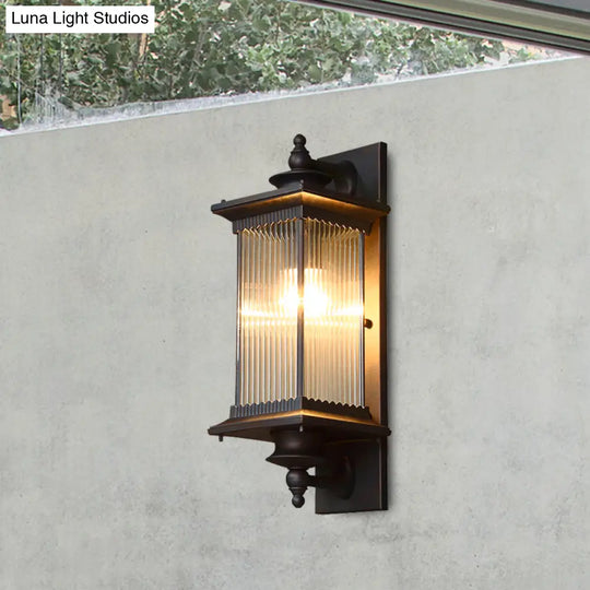 Country Clear Ribbed Glass 1-Head Outdoor Sconce Light For Gates - Black/Bronze/Coffee Wall Lamp