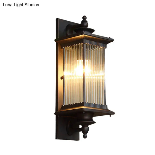 Country Clear Ribbed Glass 1-Head Outdoor Sconce Light For Gates - Black/Bronze/Coffee Wall Lamp