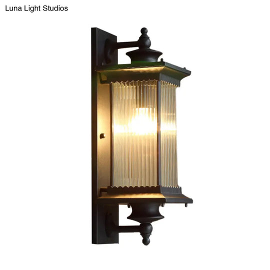 Country Clear Ribbed Glass 1-Head Outdoor Sconce Light For Gates - Black/Bronze/Coffee Wall Lamp