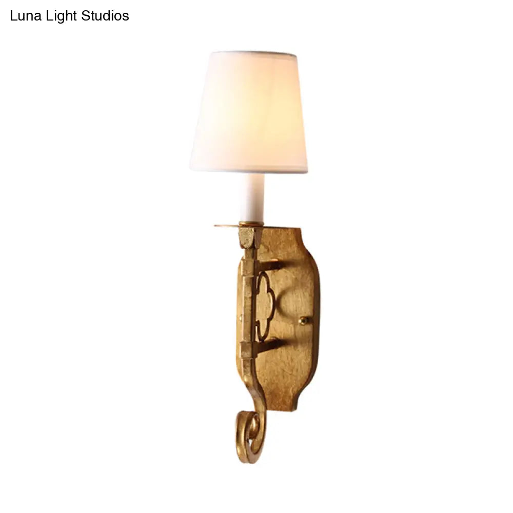 Country Cone Fabric Wall Lamp With Brass Finish And Metal Backplate