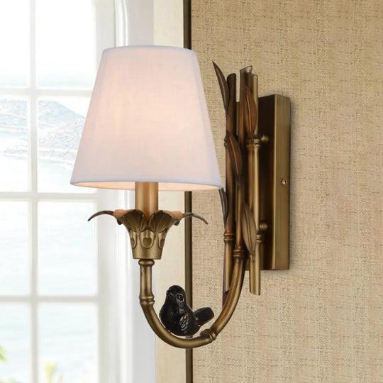 Country Cone Fabric Wall Sconce With Brass Backplate And White Light Fixture 1 /