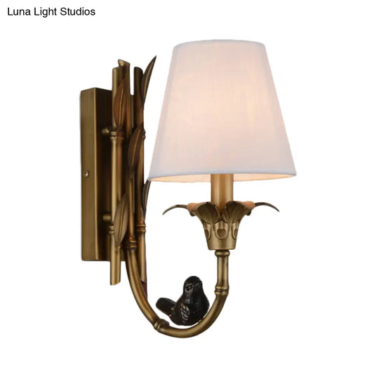 Country Cone Fabric Wall Sconce With Brass Backplate And White Light Fixture