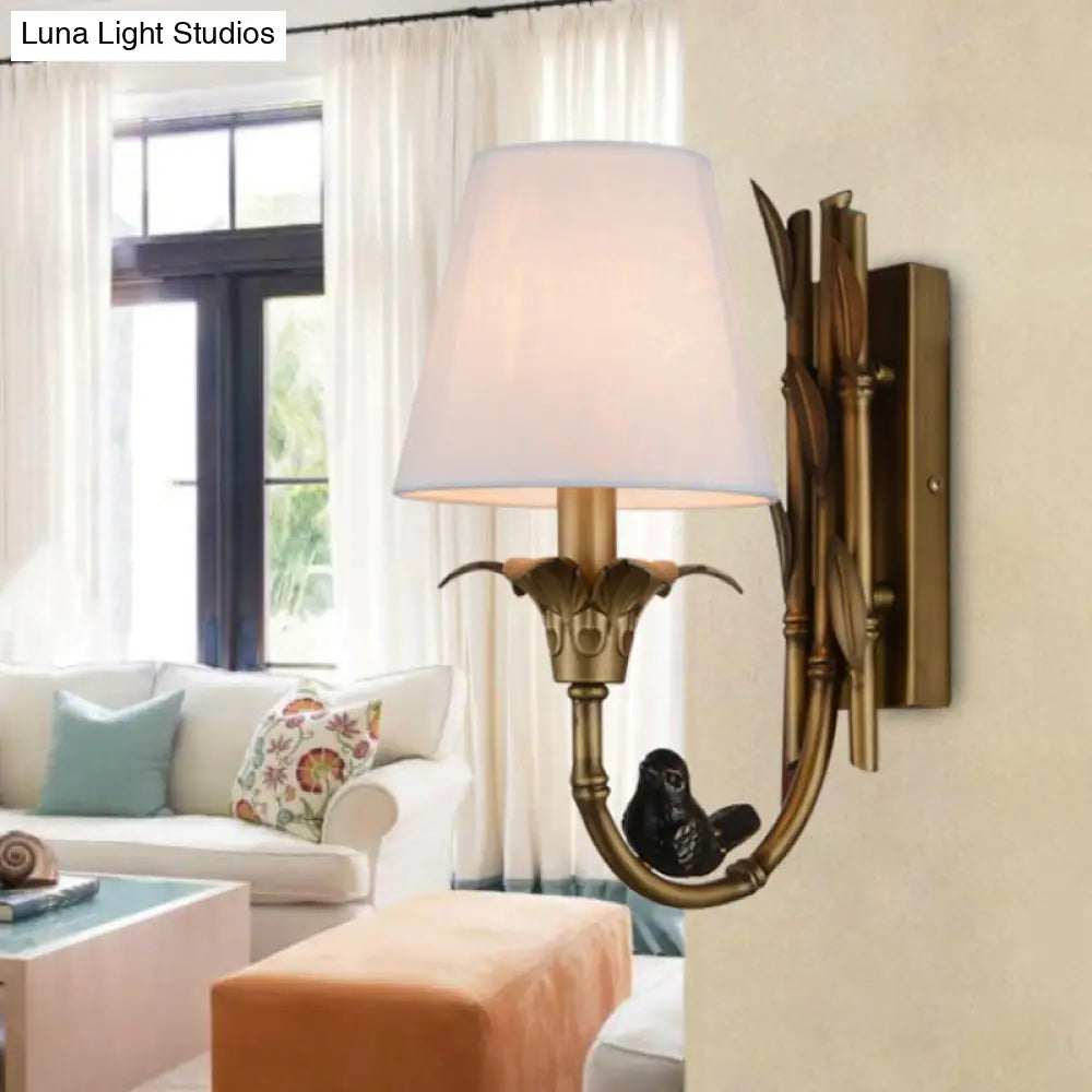 Country Cone Fabric Wall Sconce With Brass Backplate And White Light Fixture