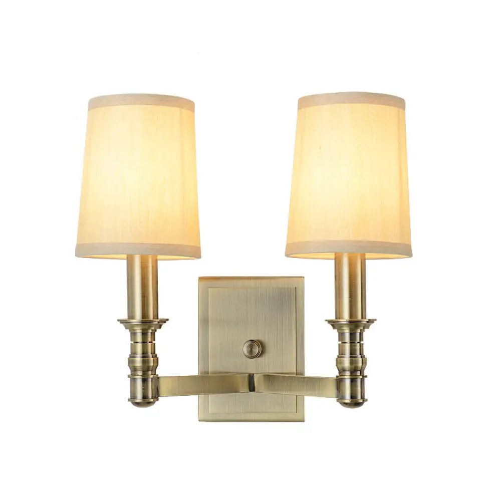 Country Corridor Wall Light Fixture With Brass Frame And Cylinder Fabric Shade 2 /