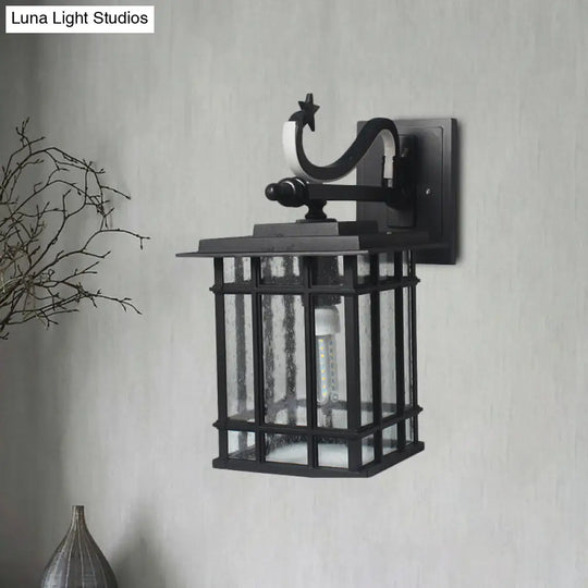 Country Courtyard Sconce Lamp: Wall Lighting Fixture With Seeded Glass Shade In Black