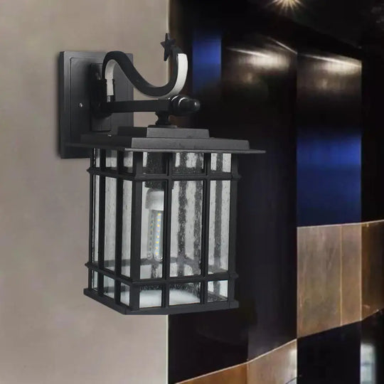 Country Courtyard Sconce Lamp: Wall Lighting Fixture With Seeded Glass Shade In Black