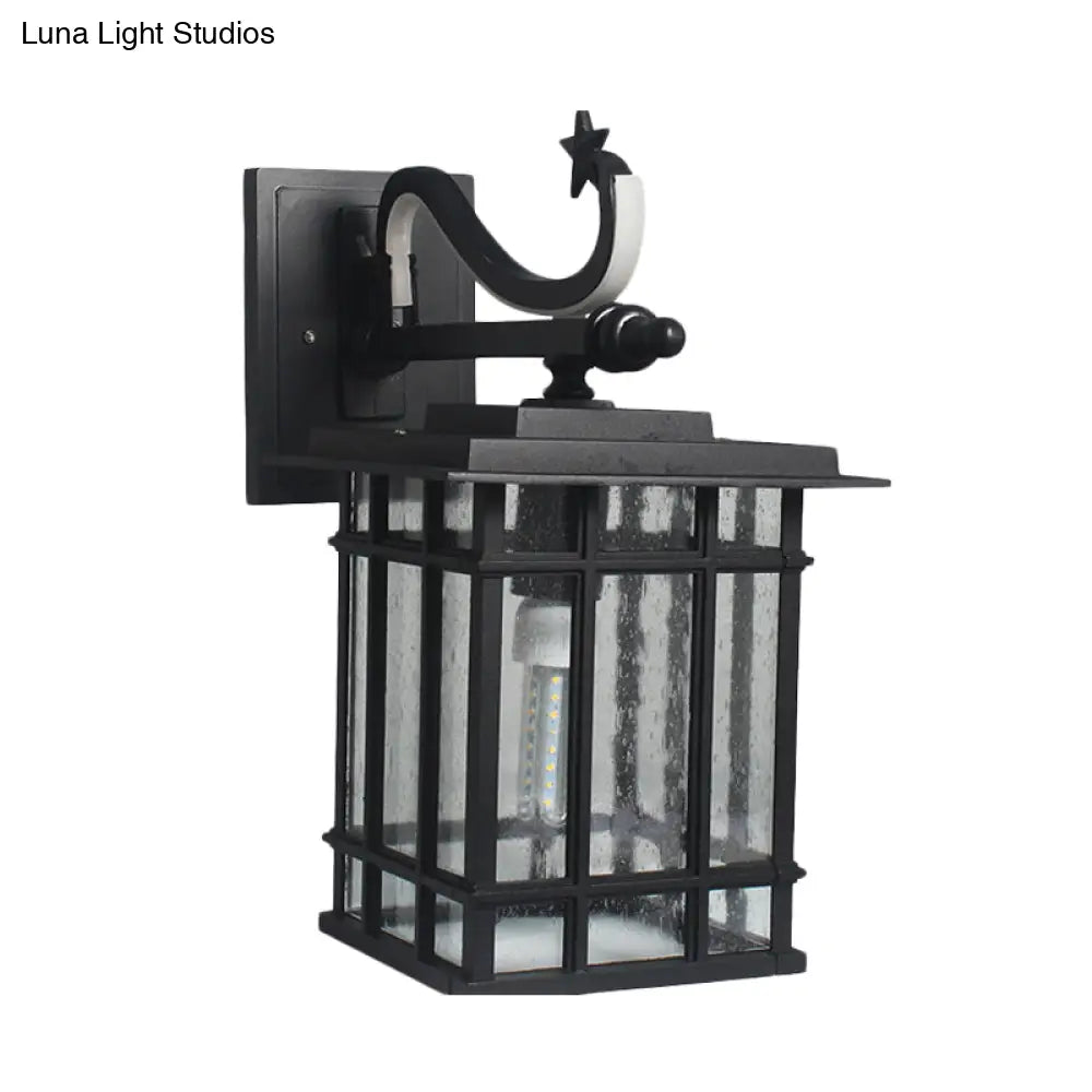 Country Courtyard Sconce Lamp: Wall Lighting Fixture With Seeded Glass Shade In Black