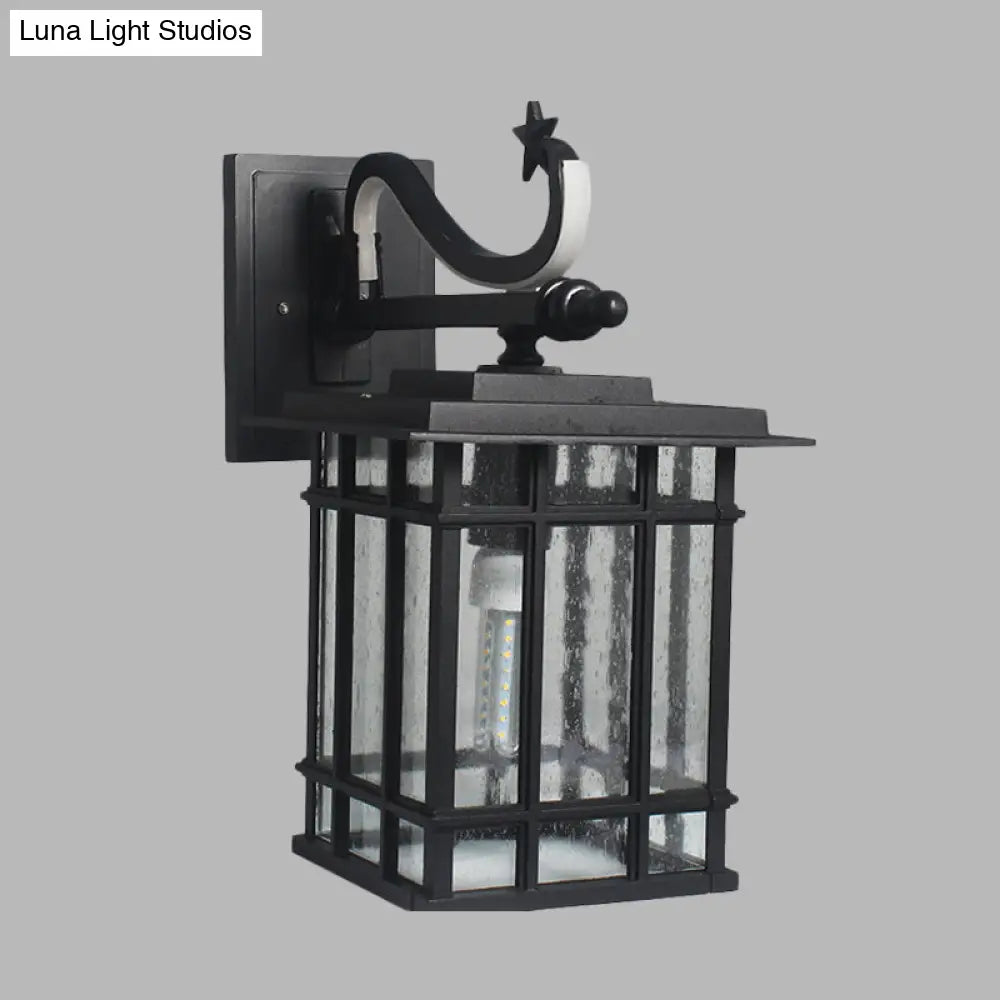 Country Courtyard Sconce Lamp: Wall Lighting Fixture With Seeded Glass Shade In Black