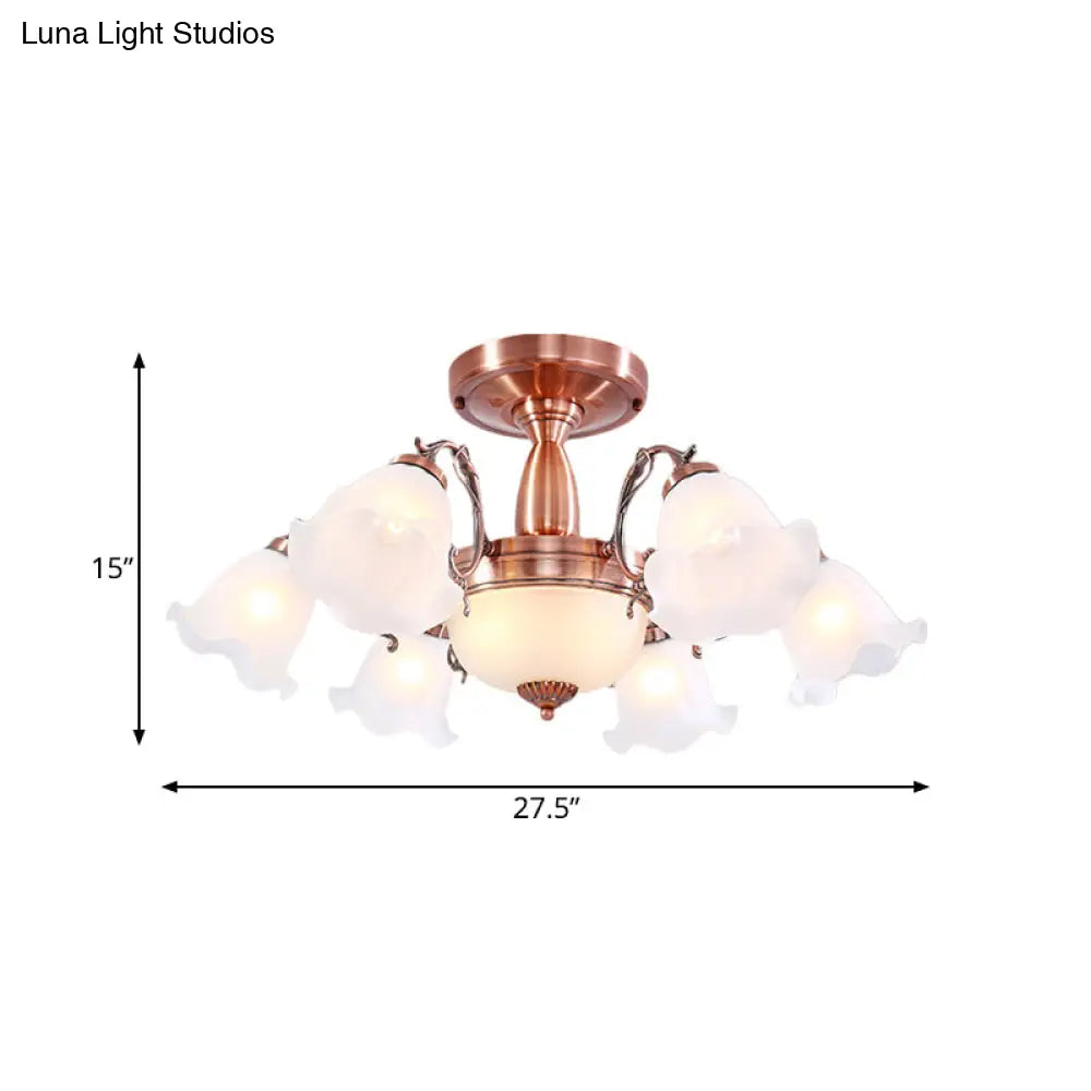 Country Cream Glass Flower Shape Semi Flush Mount Lamp - Copper Lighting (3/5/8 Lights)