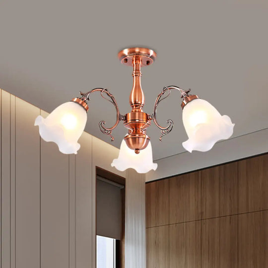 Country Cream Glass Flower Shape Semi Flush Mount Lamp - Copper Lighting (3/5/8 Lights) 3 /