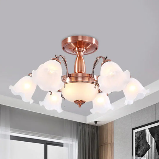 Country Cream Glass Flower Shape Semi Flush Mount Lamp - Copper Lighting (3/5/8 Lights) 8 /