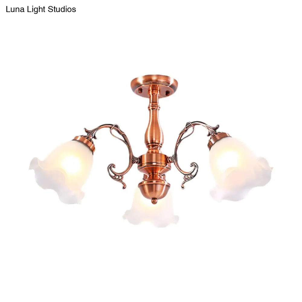 Country Cream Glass Flower Shape Semi Flush Mount Lamp - Copper Lighting (3/5/8 Lights)