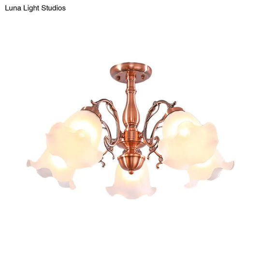 Country Cream Glass Flower Shape Semi Flush Mount Lamp - Copper Lighting (3/5/8 Lights)