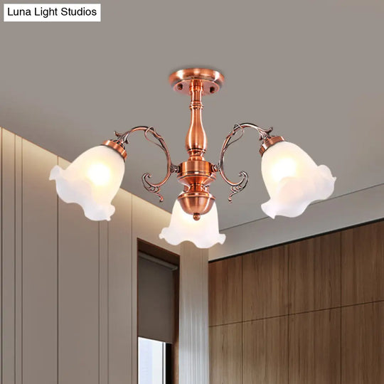 Country Cream Glass Flower Shape Semi Flush Mount Lamp - Copper Lighting (3/5/8 Lights) 3 /