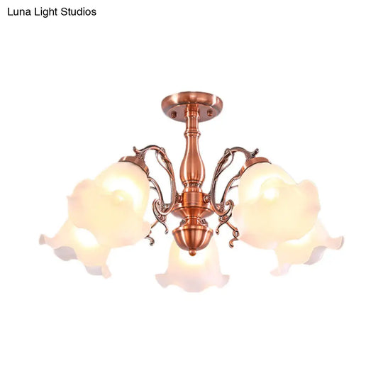 Country Cream Glass Flower Shape Semi Flush Mount Lamp - Copper Lighting (3/5/8 Lights)