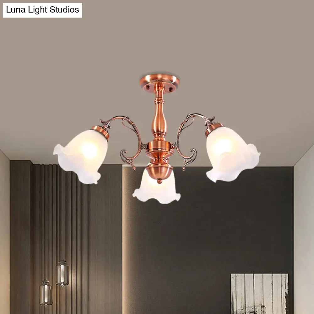 Country Cream Glass Flower Shape Semi Flush Mount Lamp - Copper Lighting (3/5/8 Lights)