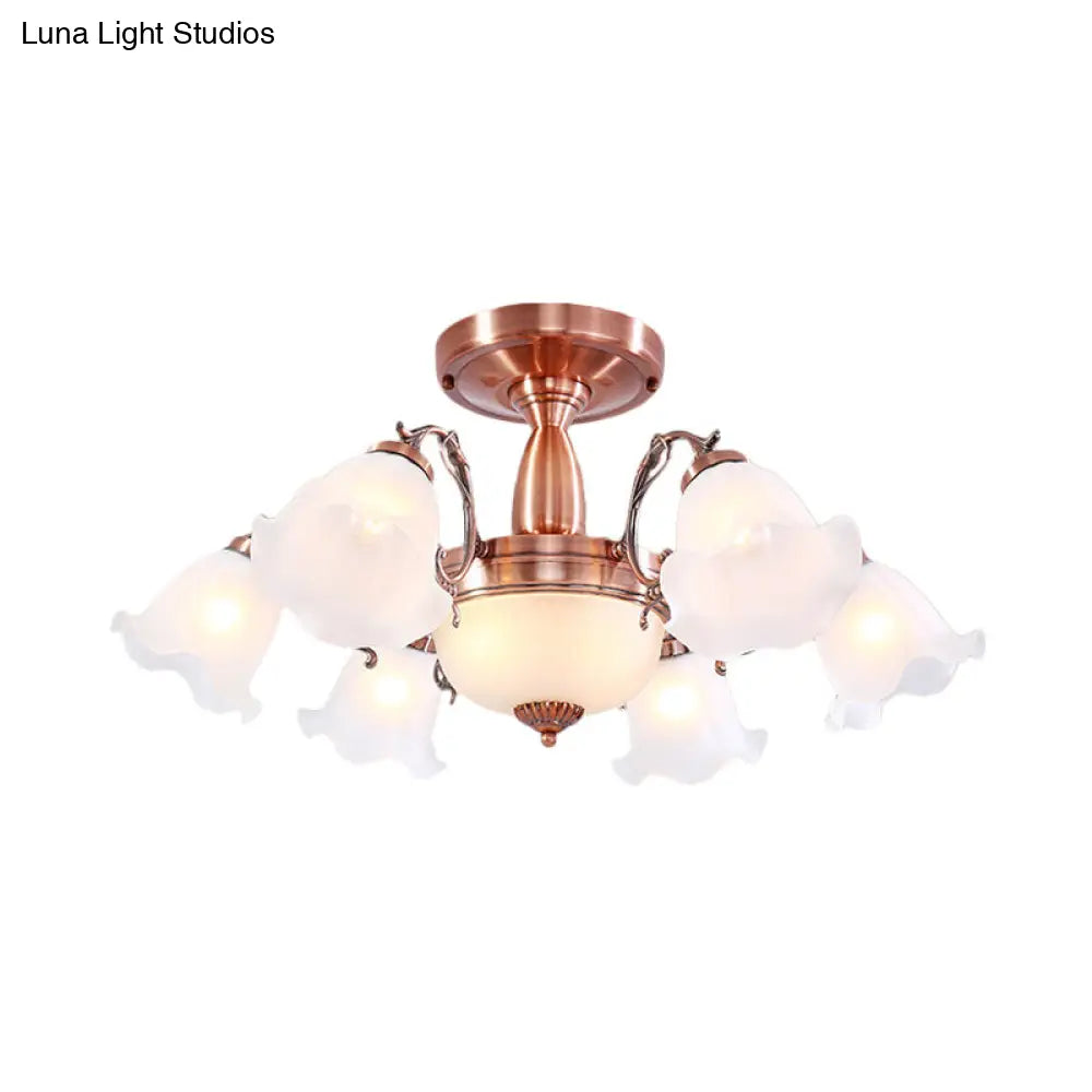 Country Cream Glass Flower Shape Semi Flush Mount Lamp - Copper Lighting (3/5/8 Lights)