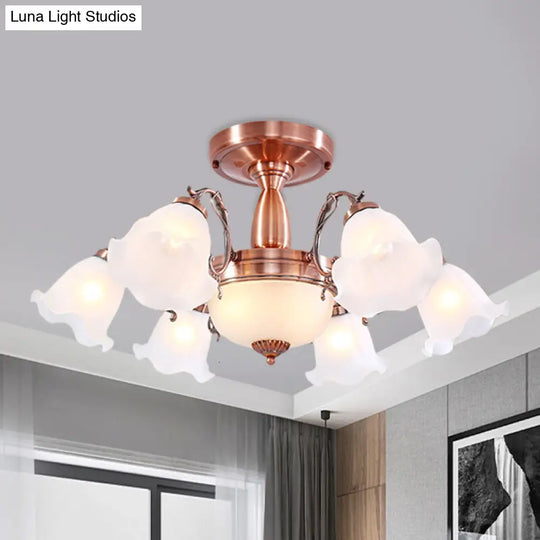 Country Cream Glass Flower Shape Semi Flush Mount Lamp - Copper Lighting (3/5/8 Lights) 8 /