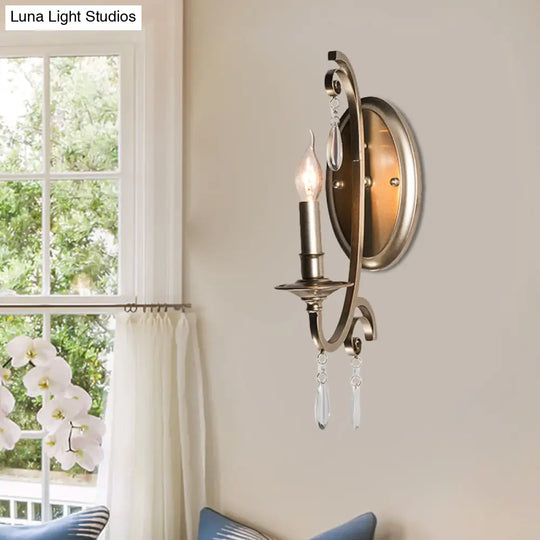 Country Curved Arm Metal Wall Sconce Light Fixture With Crystal Decoration In Champagne Finish