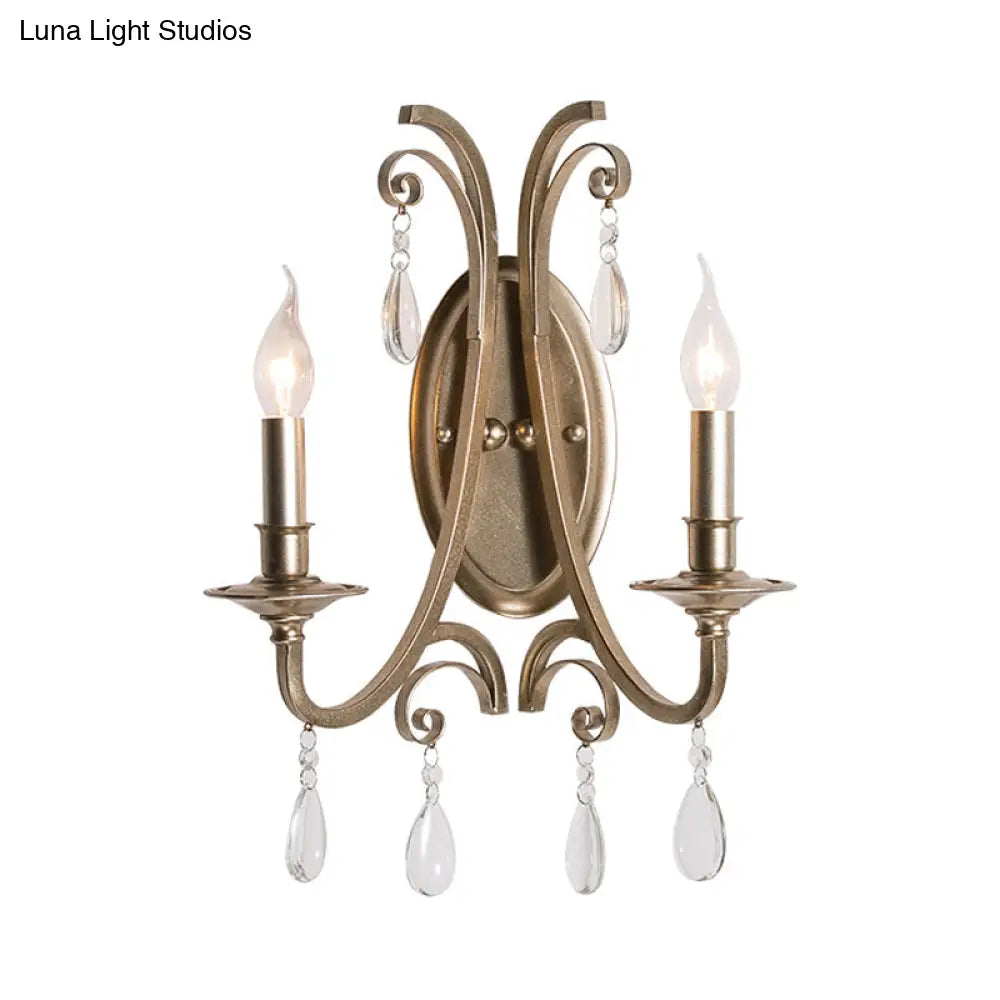 Country Curved Arm Metal Wall Sconce Light Fixture With Crystal Decoration In Champagne Finish