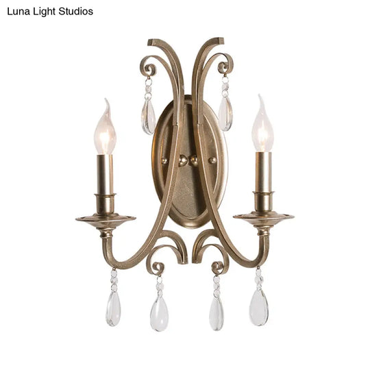 Country Curved Arm Metal Wall Sconce Light Fixture With Crystal Decoration In Champagne Finish