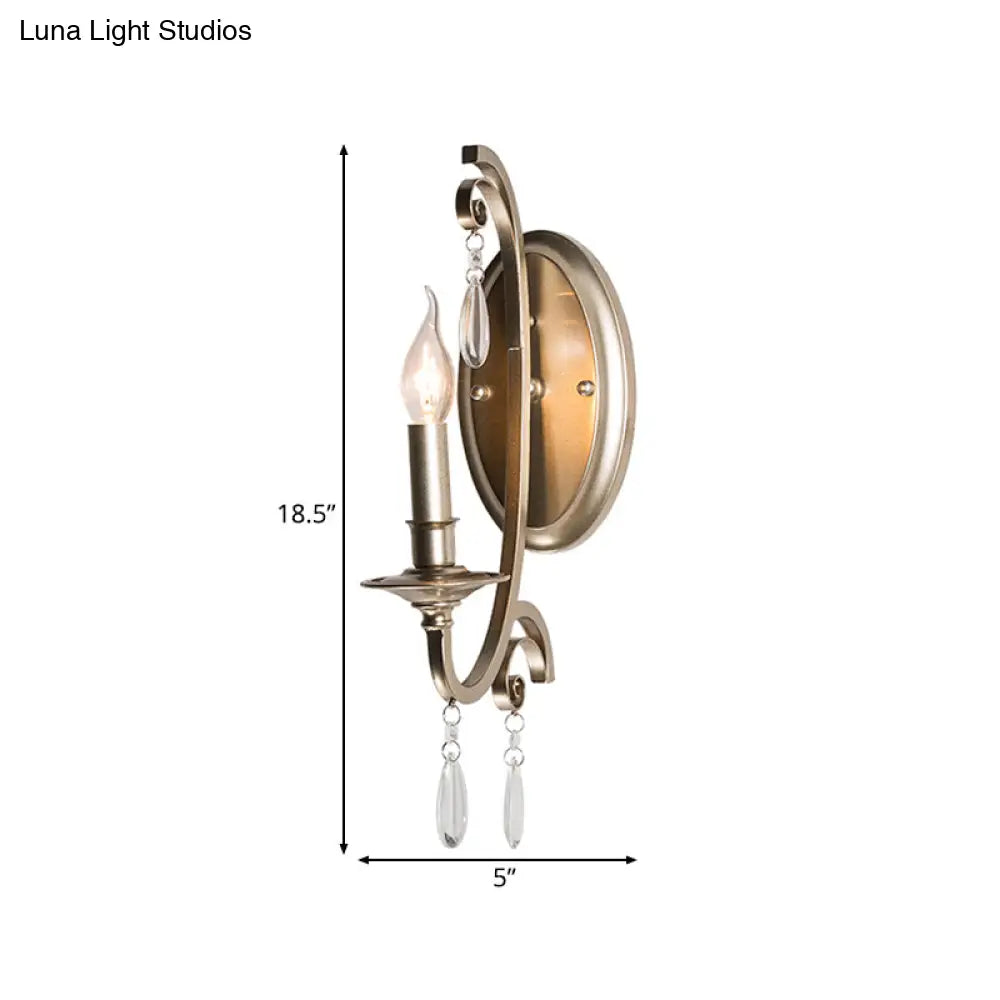 Country Curved Arm Metal Wall Sconce Light Fixture With Crystal Decoration In Champagne Finish