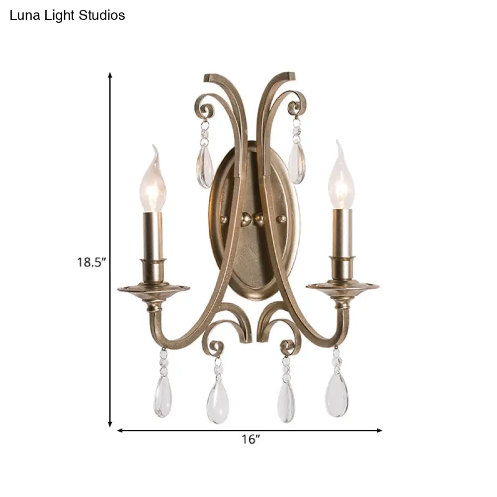 Country Curved Arm Metal Wall Sconce Light Fixture With Crystal Decoration In Champagne Finish